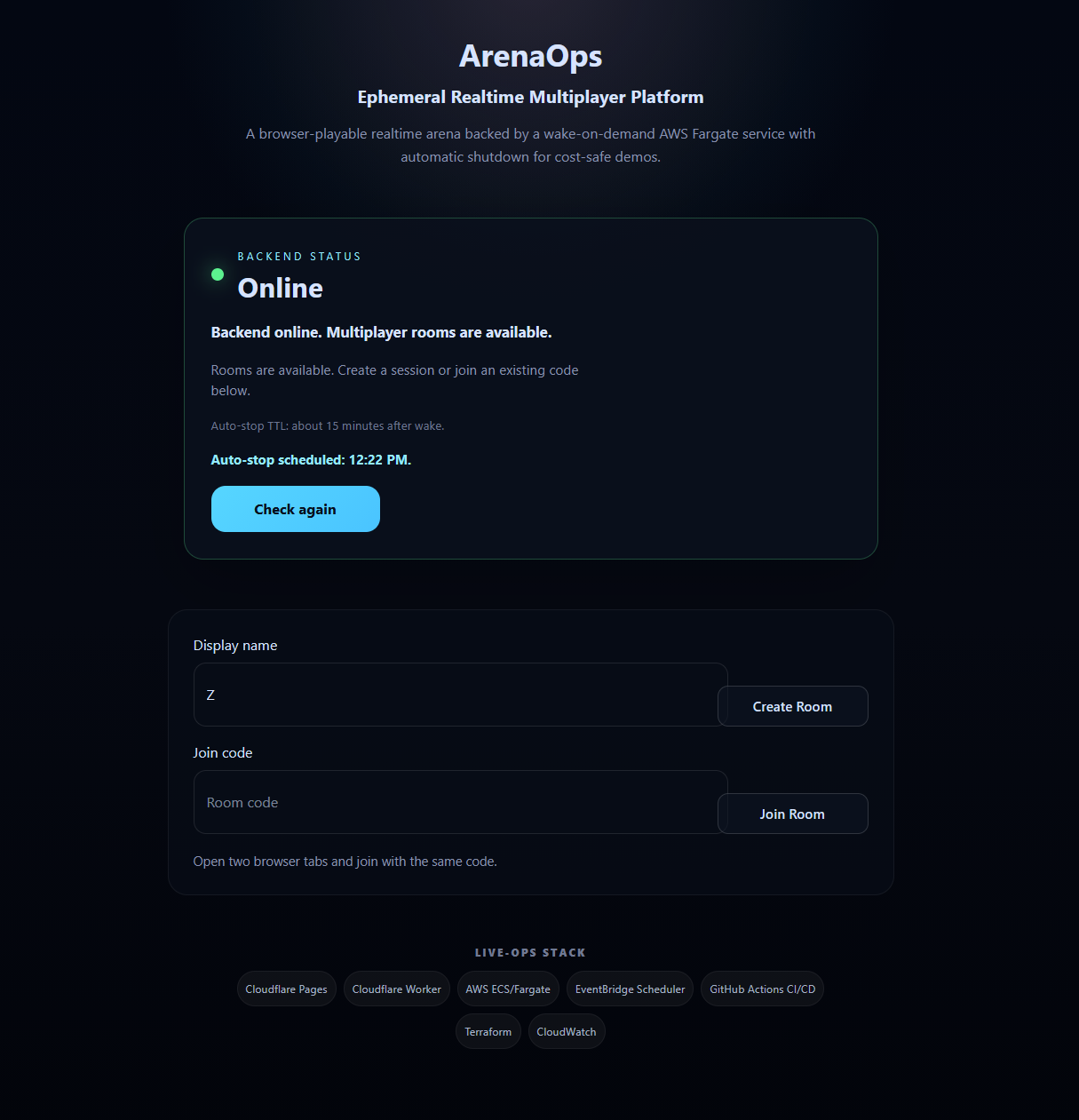 ArenaOps status screen reporting the backend online, the scheduled auto-stop, and room controls.