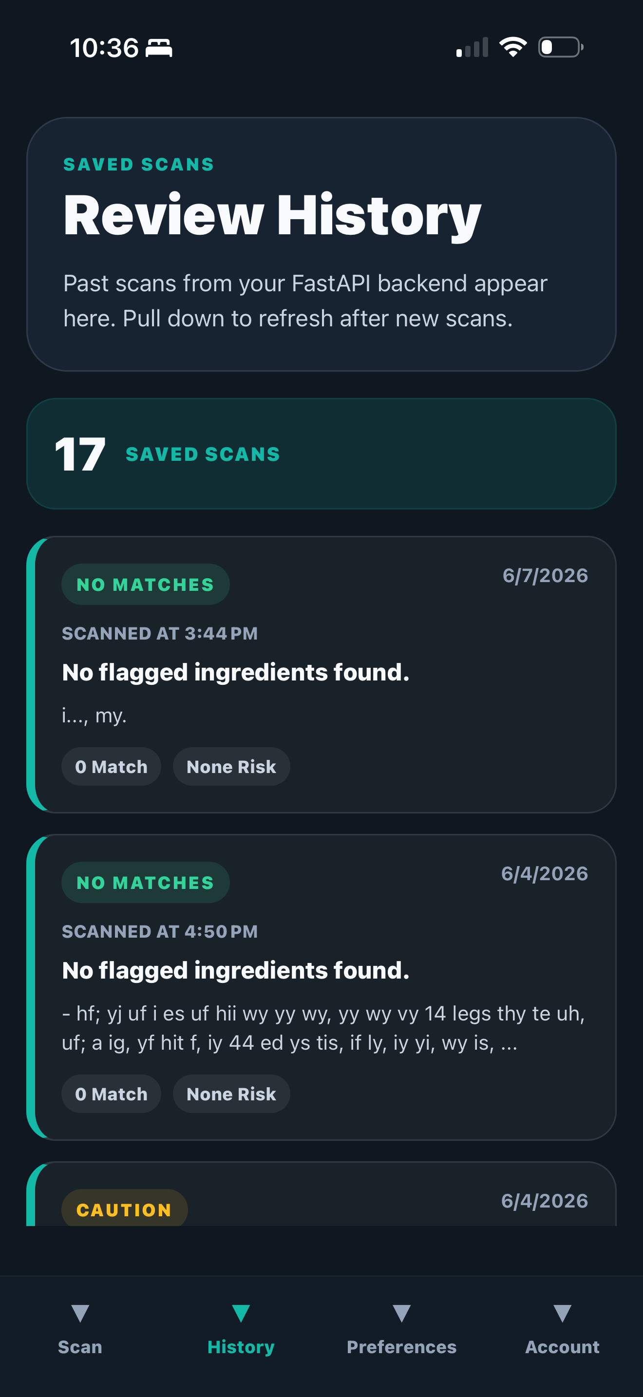 Food Checker iOS history screen showing structured scan results and risk states.